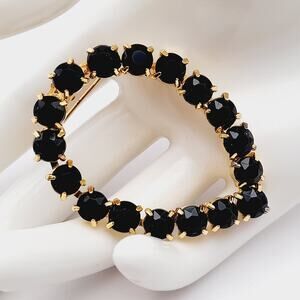 Vintage 1970s Black Rhinestone Gold Tone Brooch